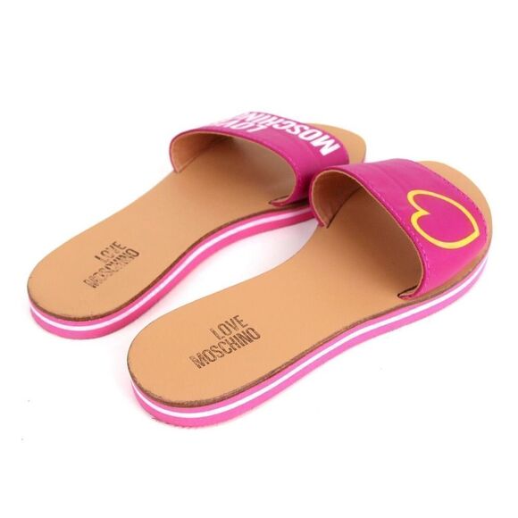 Love Moschino PURPLE FAUX LEATHER FLAT BEACH SHOES FLIP FLOPS SWIMWEAR Sz 37 EU